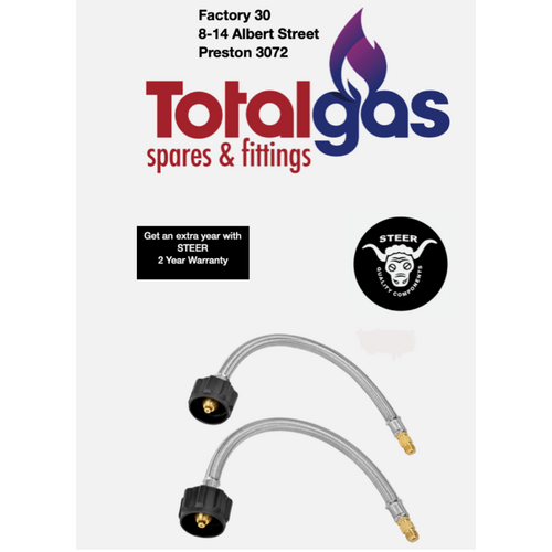 900mm Type F LCC27 Gas Hose - 1/4 Inv Flare Pigtail Pack of 2