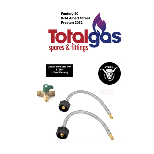 CARAVAN BRAIDED GAS PIGTAIL KIT CHANGEOVER TWIN CYL POL  1/4 INV FLARE 900mm LCC