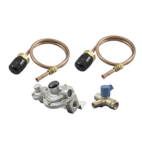 LPG REGULATOR KIT TWIN STAGE 250MJ SUIT CARAVAN AND HOME USE 500mm copper pigtails 
